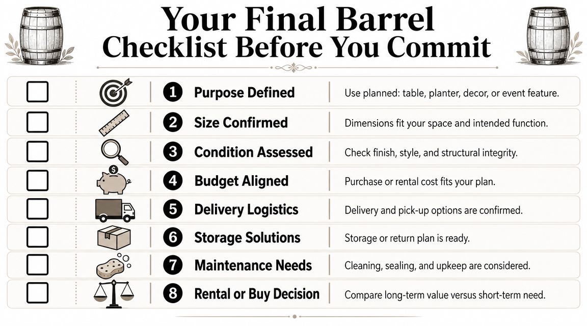A checklist titled Your Final Barrel Checklist Before You Commit with eight numbered planning steps for barrels.