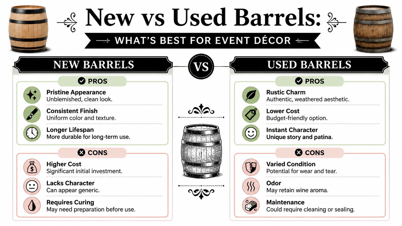 An infographic comparing the pros and cons of new versus used wine barrels for event decor purposes.