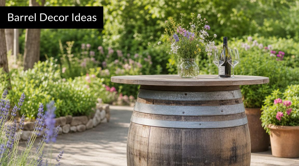 A wooden wine barrel repurposed as a rustic outdoor patio table with flowers and wine glasses.