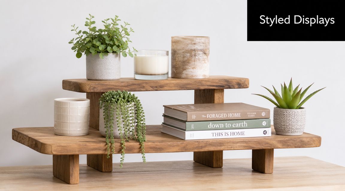 A two-tier rustic wood display stand holding potted plants, candles, and stacked coffee table books.