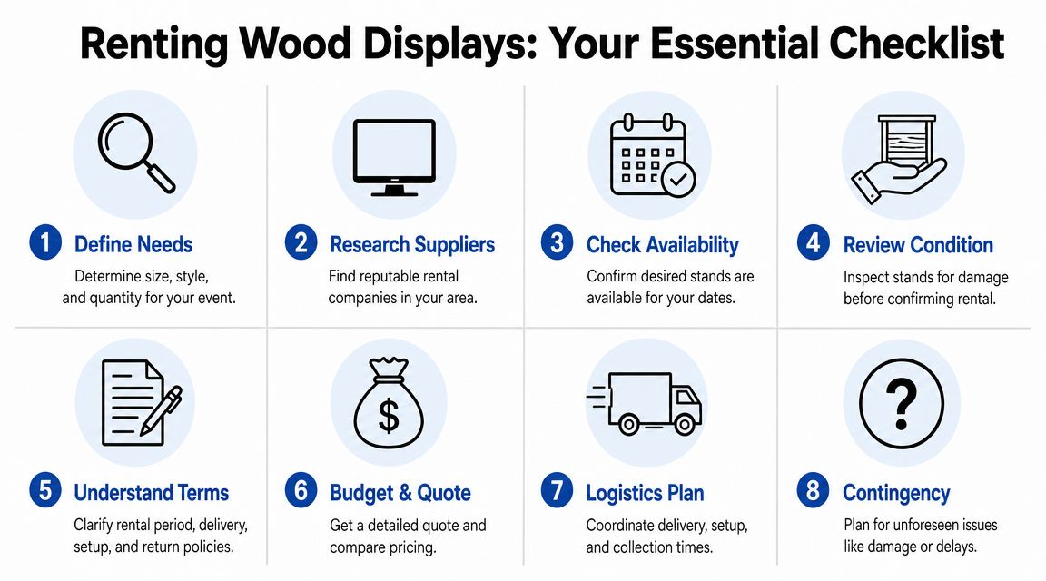 An eight-step checklist for renting wood display stands for events, covering needs, research, and logistics.