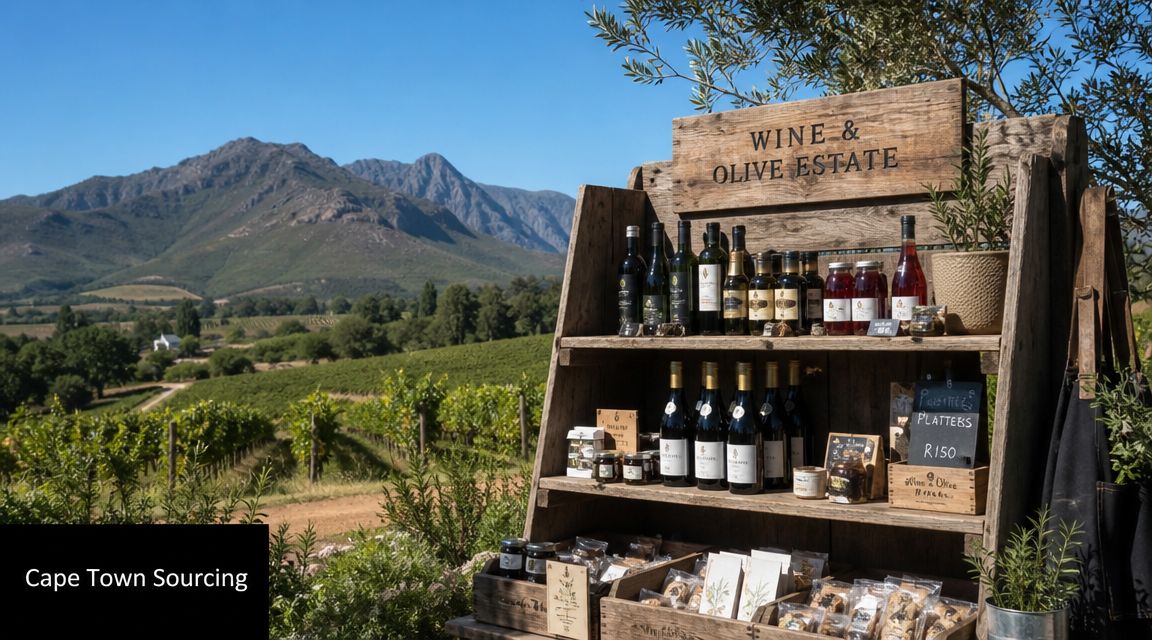 A rustic wooden display stand filled with wine bottles and gourmet snacks overlooking a scenic vineyard.