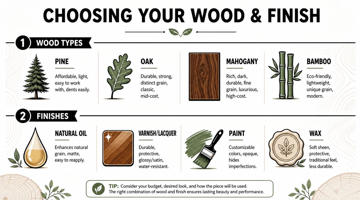 An infographic titled Choosing Your Wood and Finish detailing characteristics of wood types and various finishes.