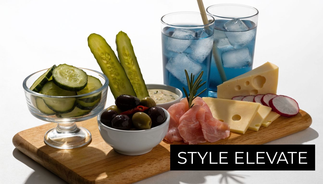 A wooden serving board featuring blue cocktails, cheese, cured meat, olives, pickles, and sliced radishes.