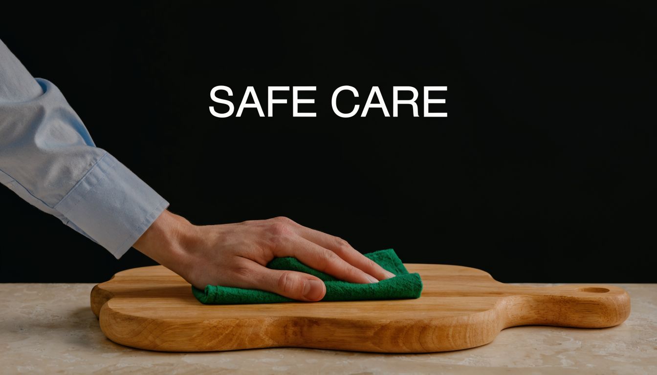 A person wiping down a wooden serving board with a green cloth against a black background.