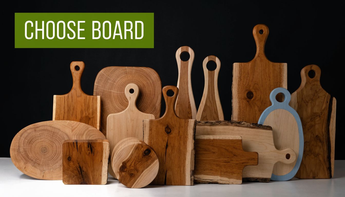 A collection of various rustic wooden serving boards of different shapes and sizes displayed together.