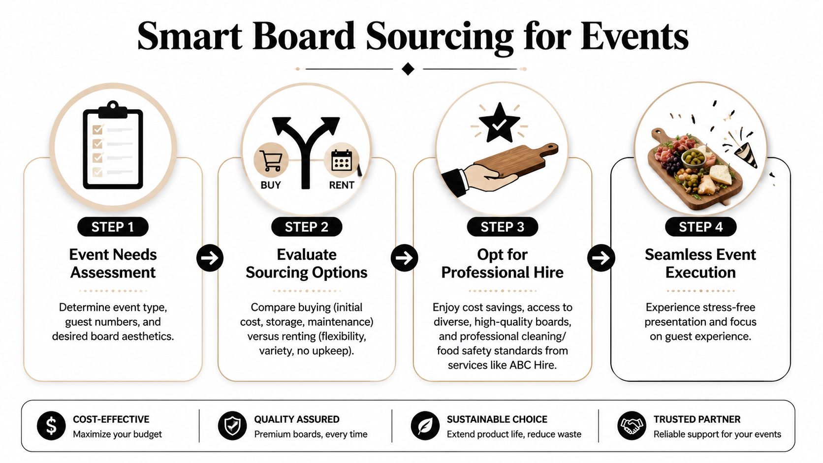 A four-step infographic illustrating the smart sourcing of wooden serving boards for professional event planning.