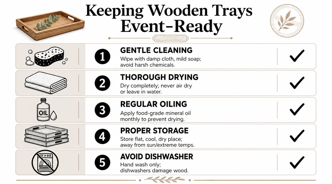 An infographic showing five essential care tips for maintaining wooden serving trays to ensure they last.