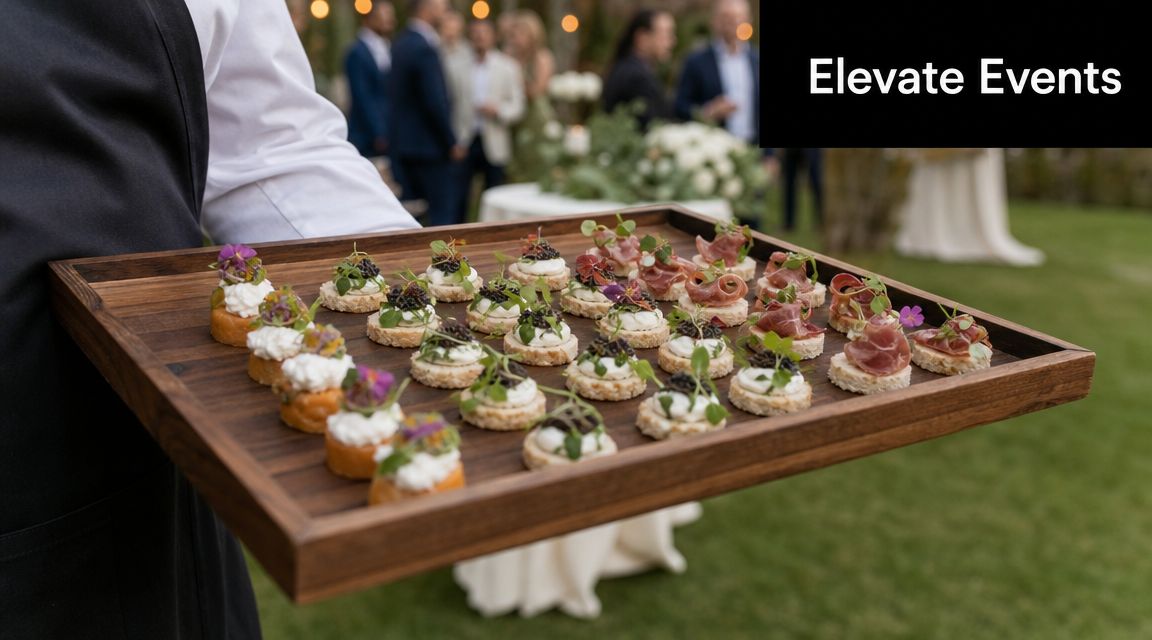 A waiter holding a wooden serving tray filled with gourmet appetizers at an outdoor garden party event.
