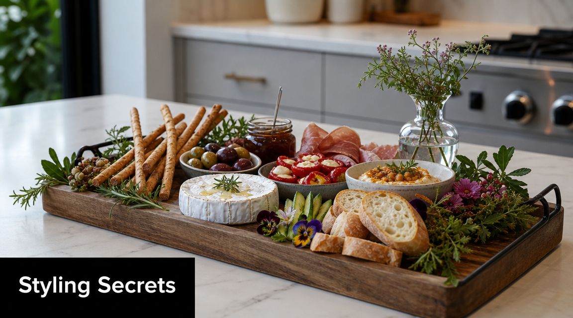 A wooden serving tray on a kitchen counter filled with appetizers like cheese, olives, and bread.
