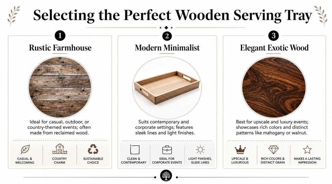 A guide illustrating three types of wooden serving trays: Rustic Farmhouse, Modern Minimalist, and Elegant Exotic Wood.