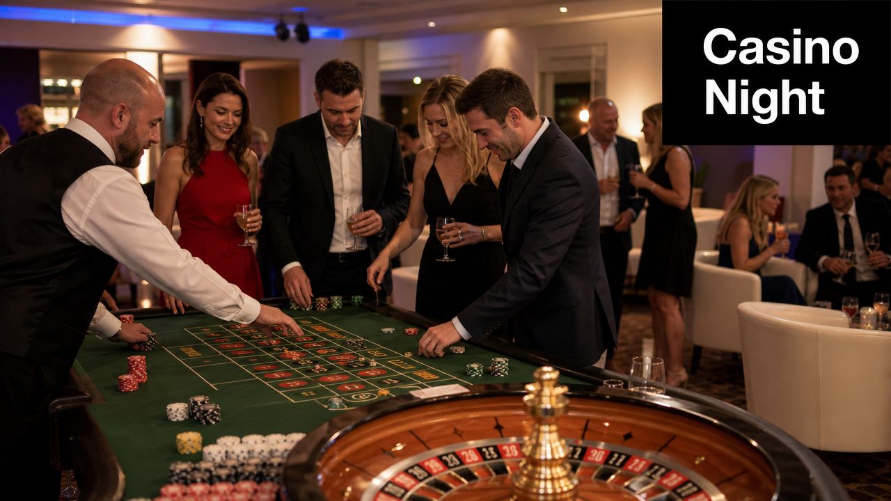 A group of elegant people enjoying a sophisticated casino night game at a roulette table.