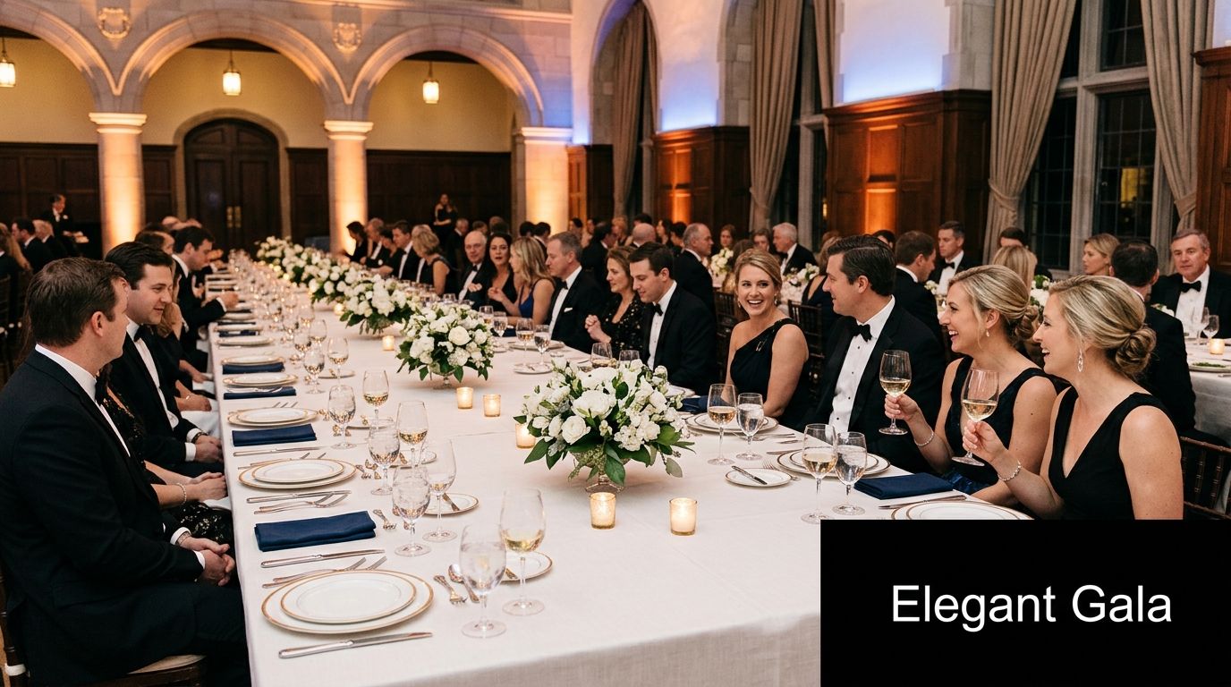A sophisticated gala dinner featuring guests in formal black-tie attire seated at a long banquet table.