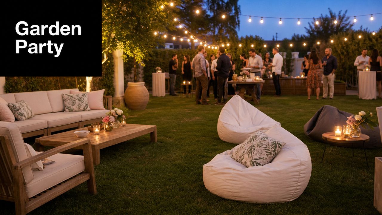 A cozy garden party at twilight with comfortable lounge seating, glowing string lights, and guests mingling.