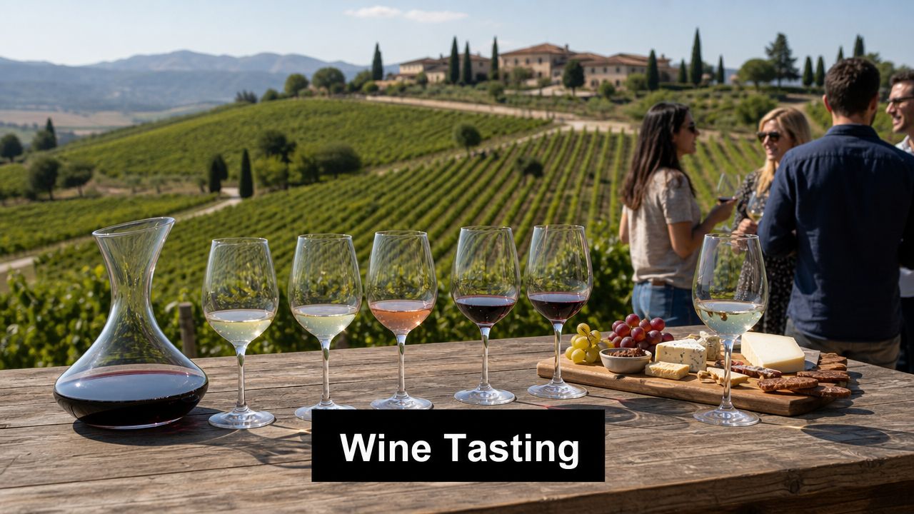 A scenic wine tasting setup with glasses, a decanter, and a charcuterie board overlooking rolling vineyard hills.