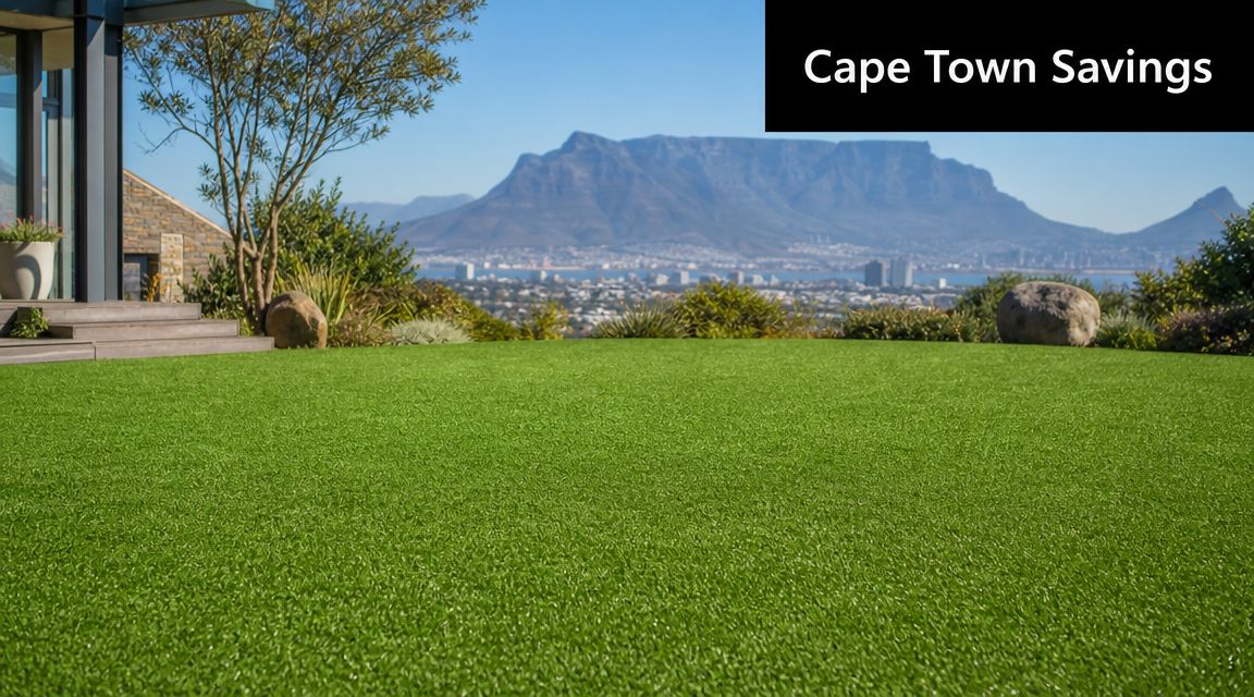 A scenic view of a well-maintained green artificial grass lawn overlooking the Cape Town mountains.