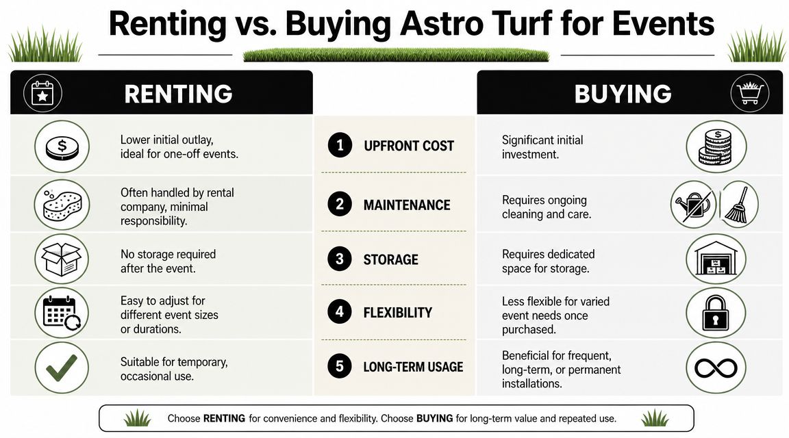 A comparison chart outlining the pros and cons of renting versus buying astro turf for events.