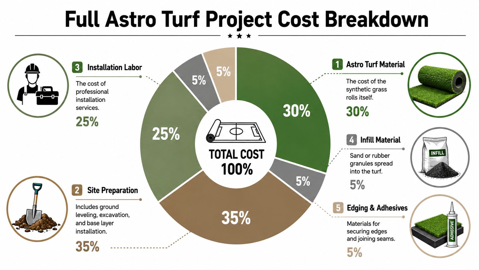 A colorful pie chart illustrating the percentage cost breakdown for a complete astro turf installation project.