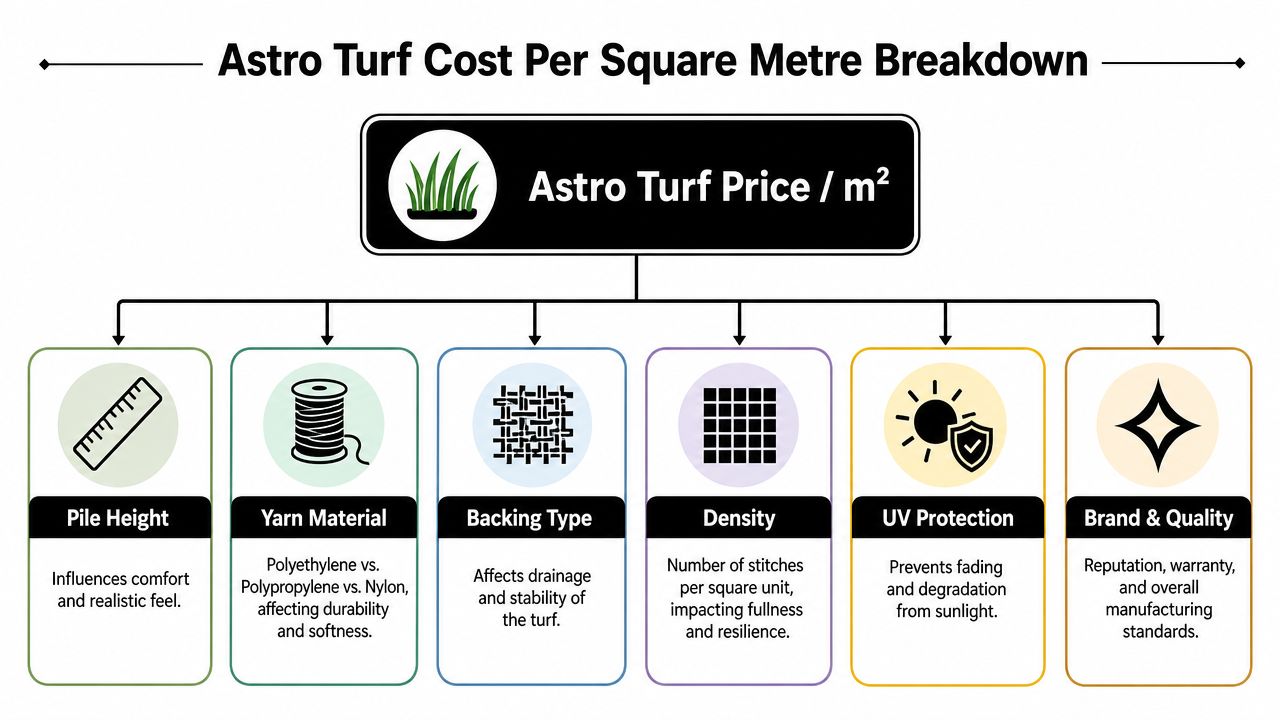 An infographic diagram outlining the key factors that influence the price per square meter of astro turf.