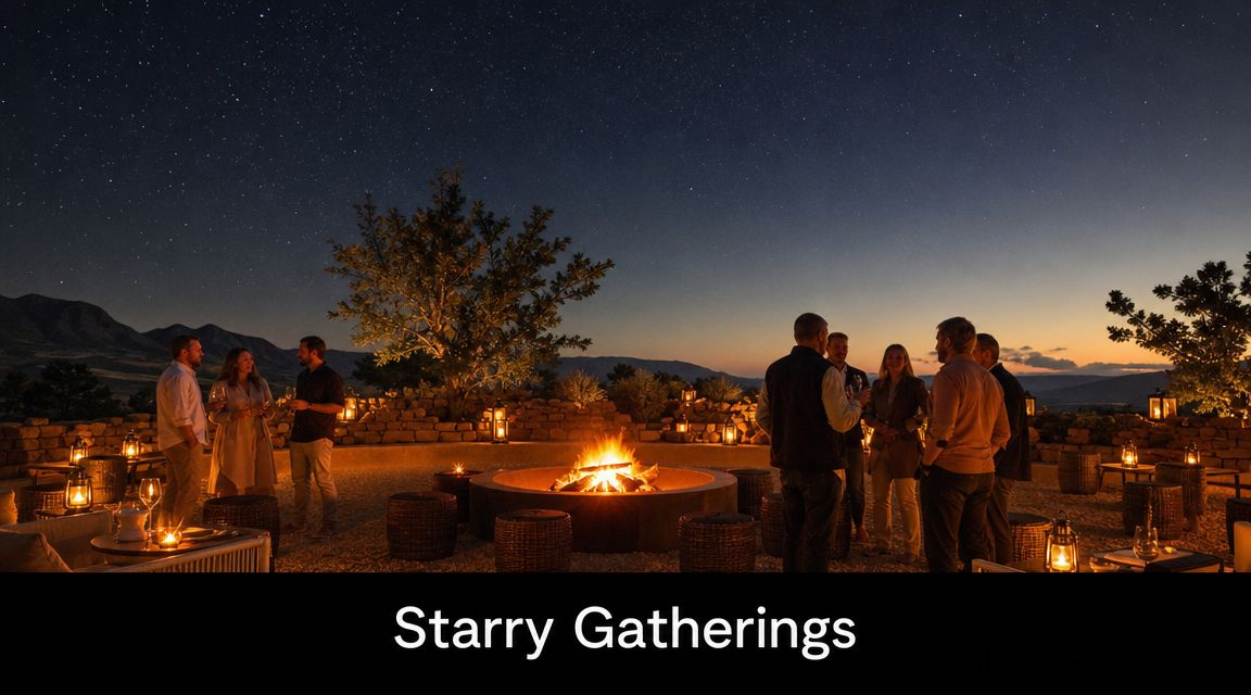 A group of people socializing around a cozy outdoor fire pit under a clear, starry night sky.