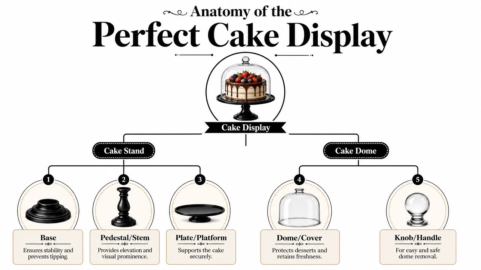 A detailed infographic titled Anatomy of the Perfect Cake Display breaking down parts of a cake stand.