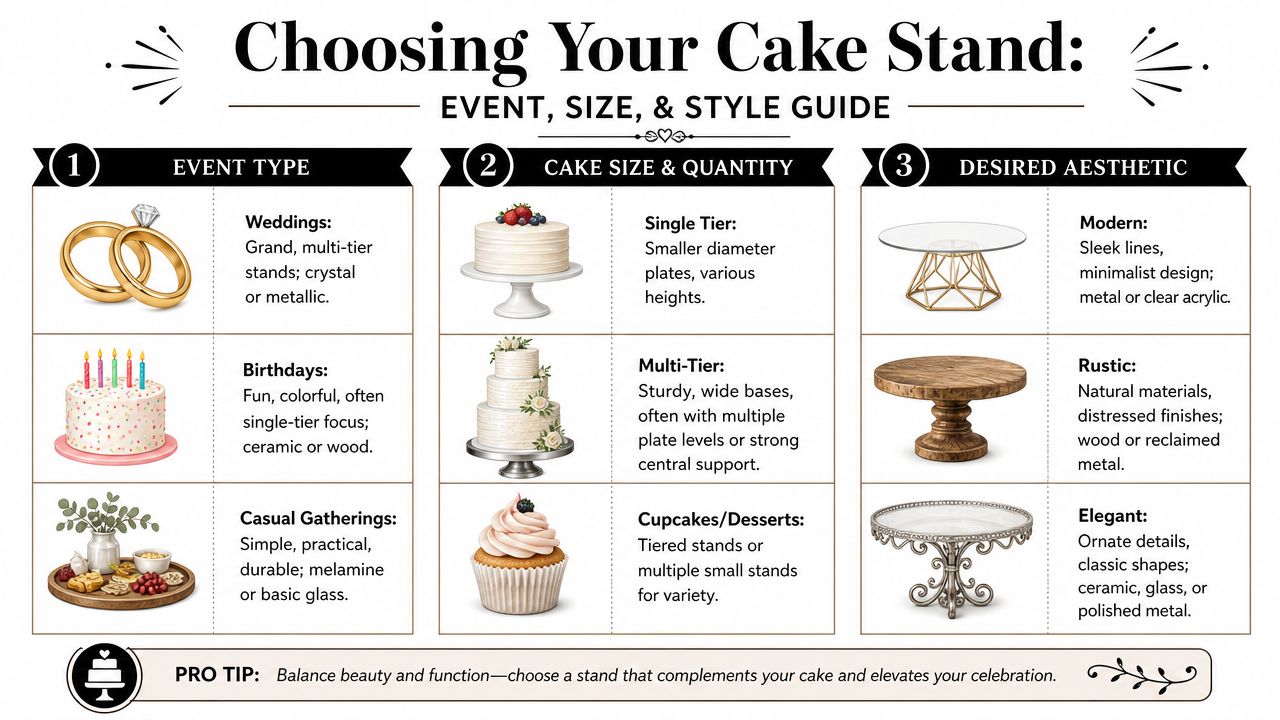 An infographic guide explaining how to choose a cake stand based on event, size, and aesthetic style.