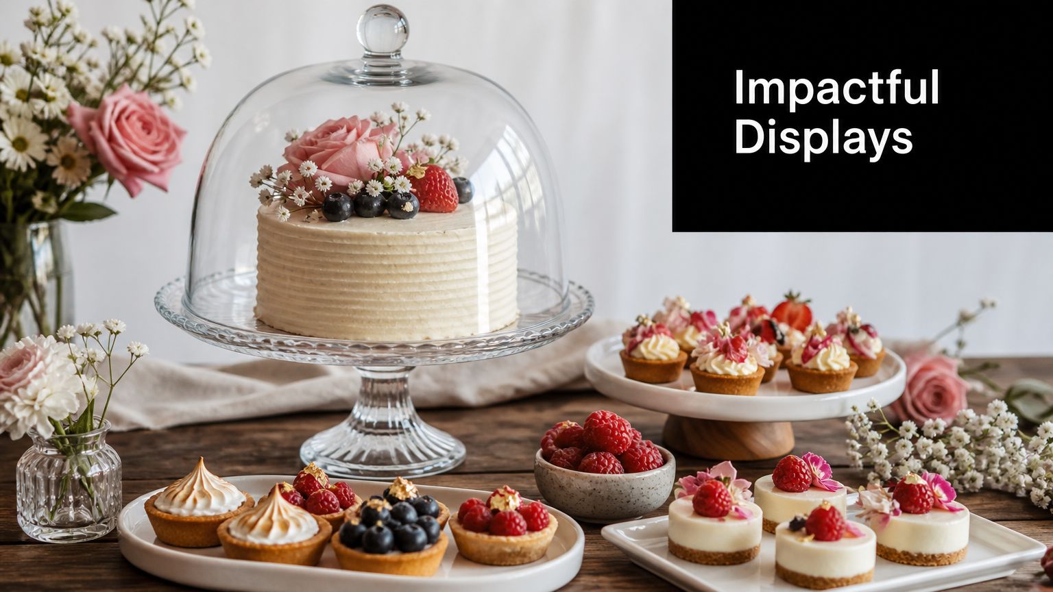 A beautifully decorated cake under a glass dome displayed alongside various pastries on a rustic wooden table.