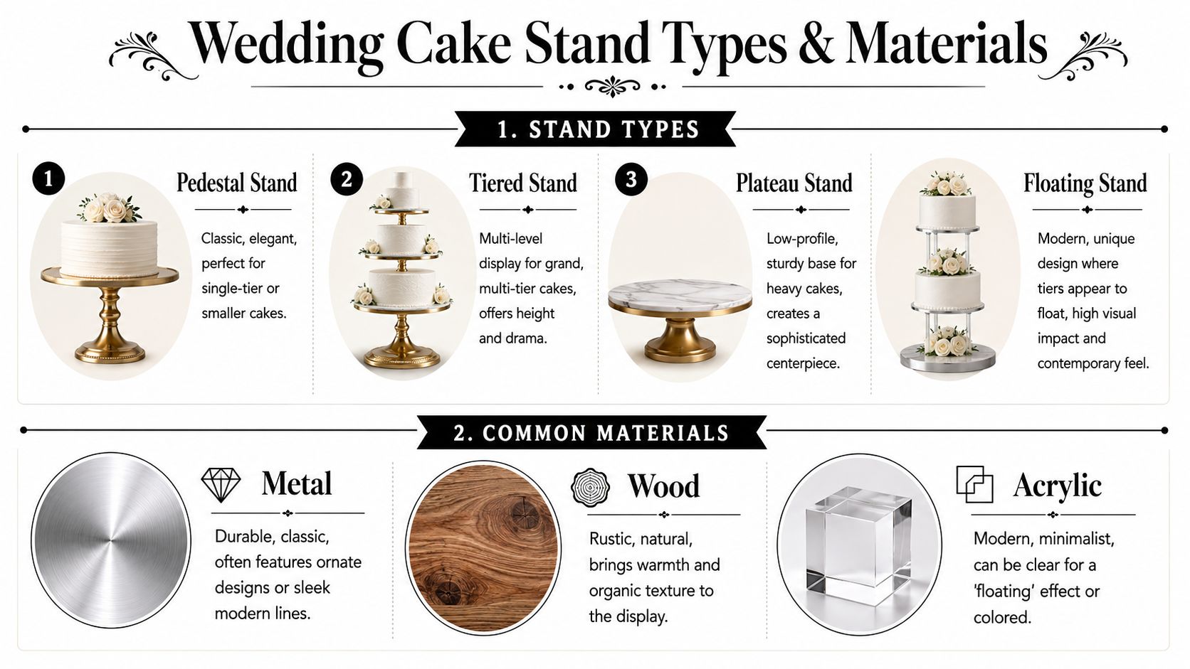 An infographic detailing various types of wedding cake stands and common materials used to craft them.