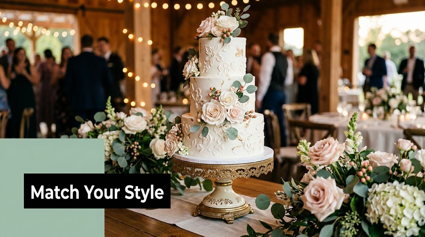 A three-tier white wedding cake decorated with flowers, sitting on an ornate gold stand on a wooden table.