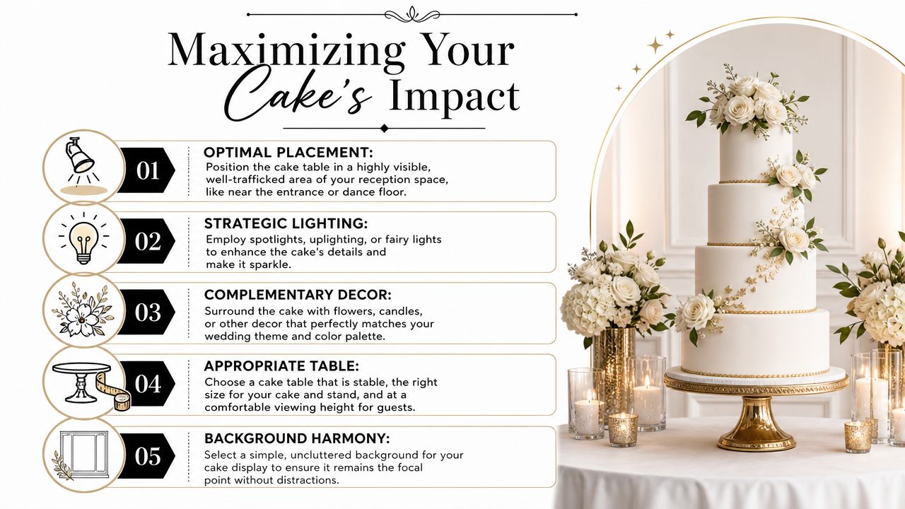 An infographic titled Maximizing Your Cake's Impact with five tips displayed next to a beautiful four-tiered wedding cake.