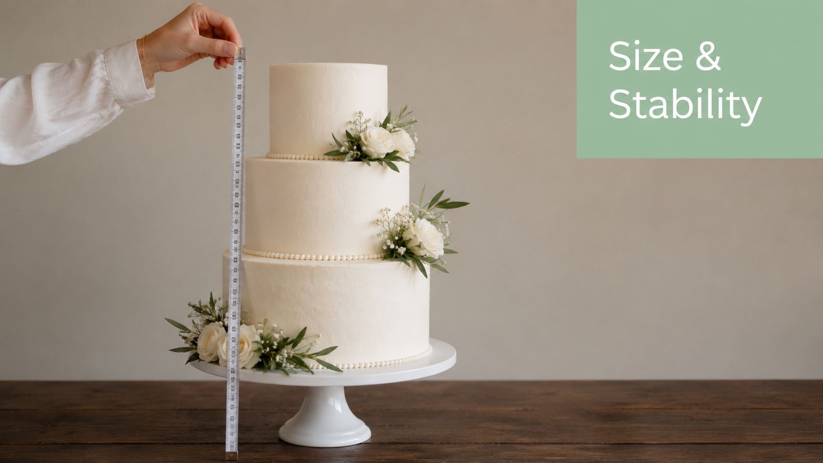 A hand holds a measuring tape next to a three-tiered white wedding cake on a stand.