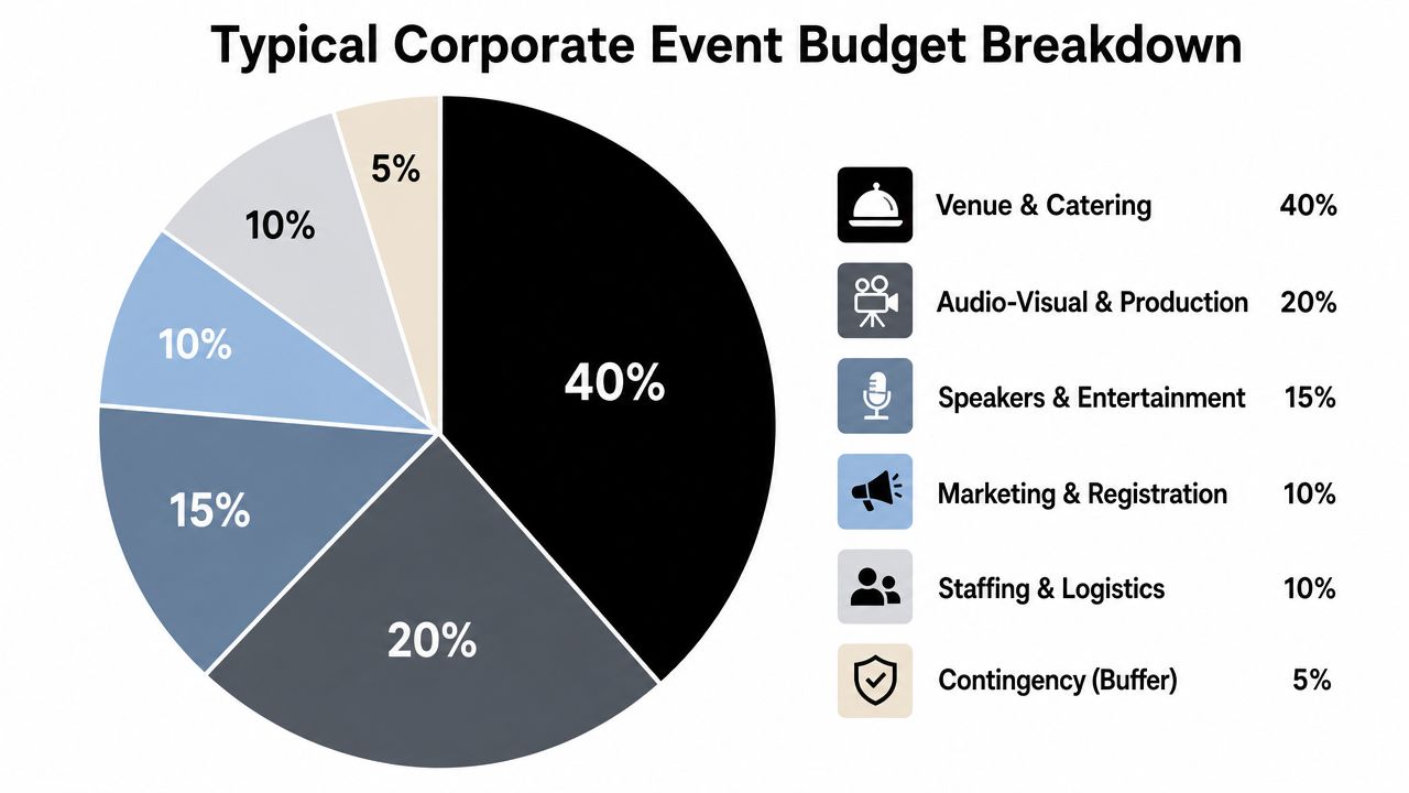 A pie chart displaying the typical budget breakdown for corporate event planning services in percentage figures.