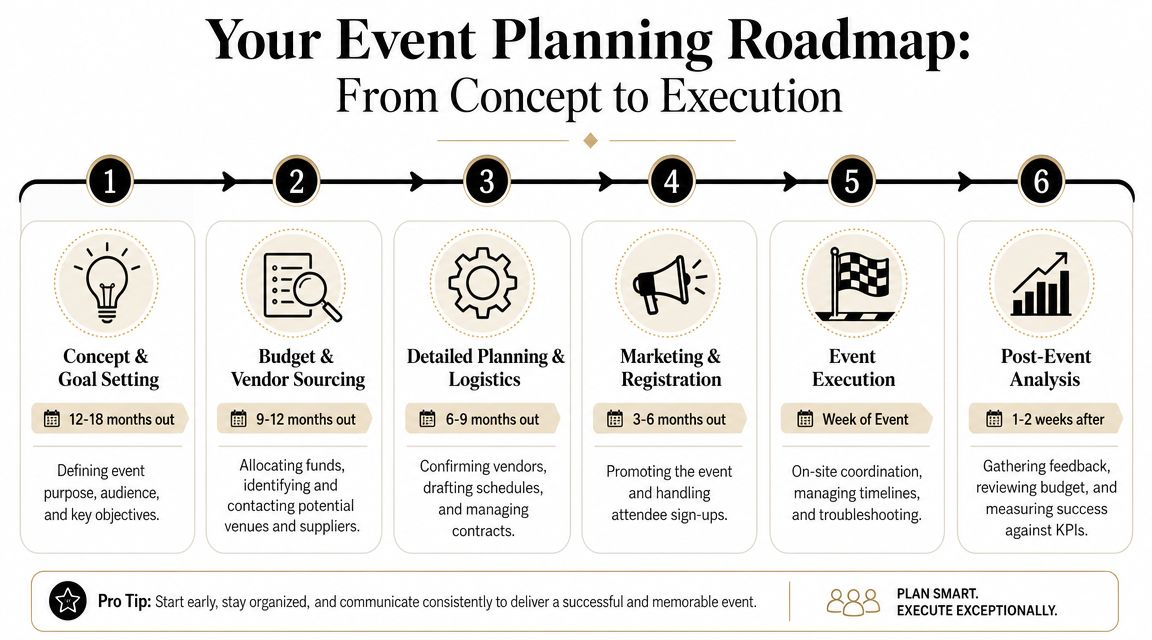 An infographic titled Your Event Planning Roadmap showing six stages from concept to post-event analysis.