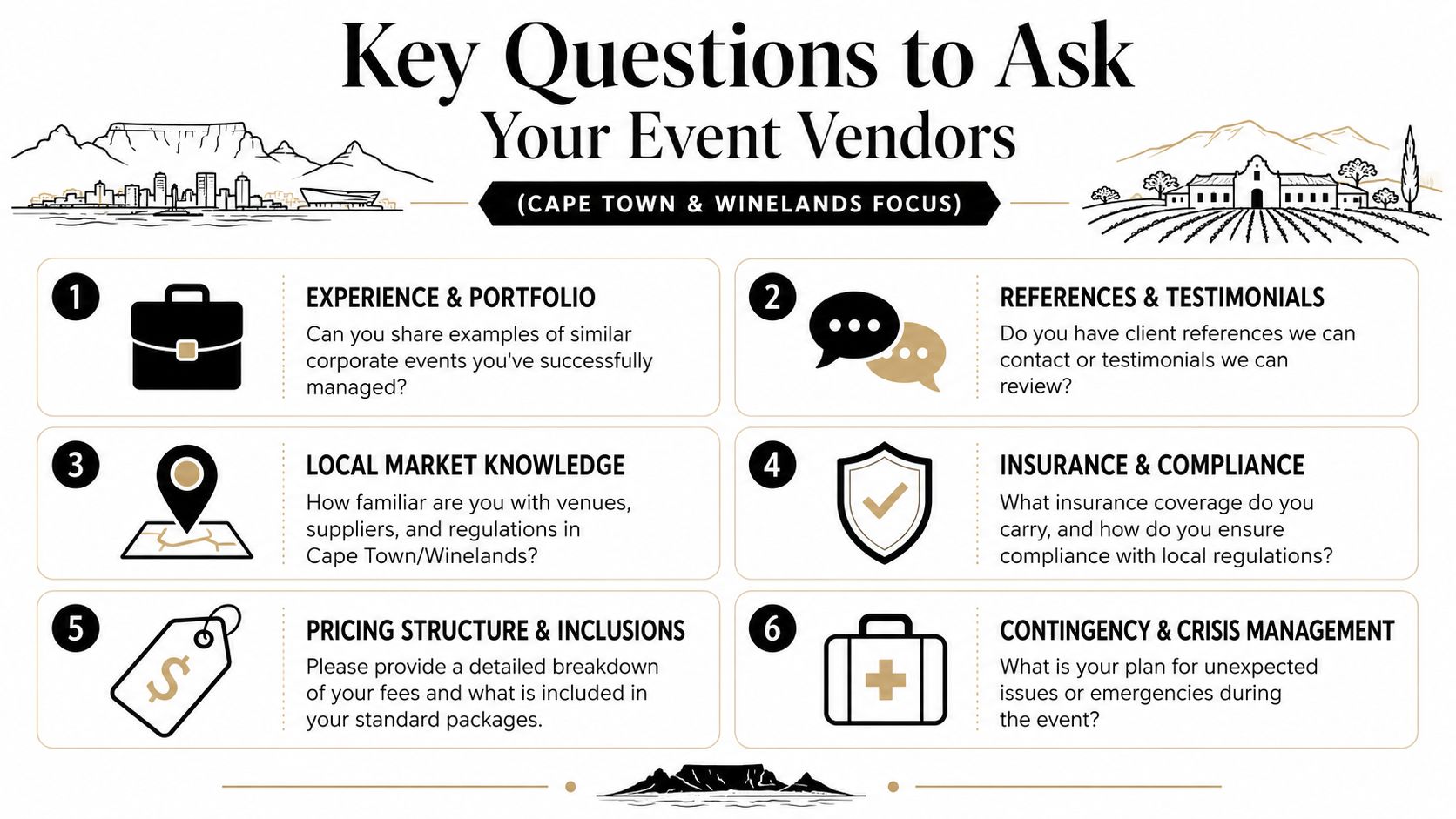 A professional infographic listing six essential questions to ask when hiring corporate event vendors in Cape Town.