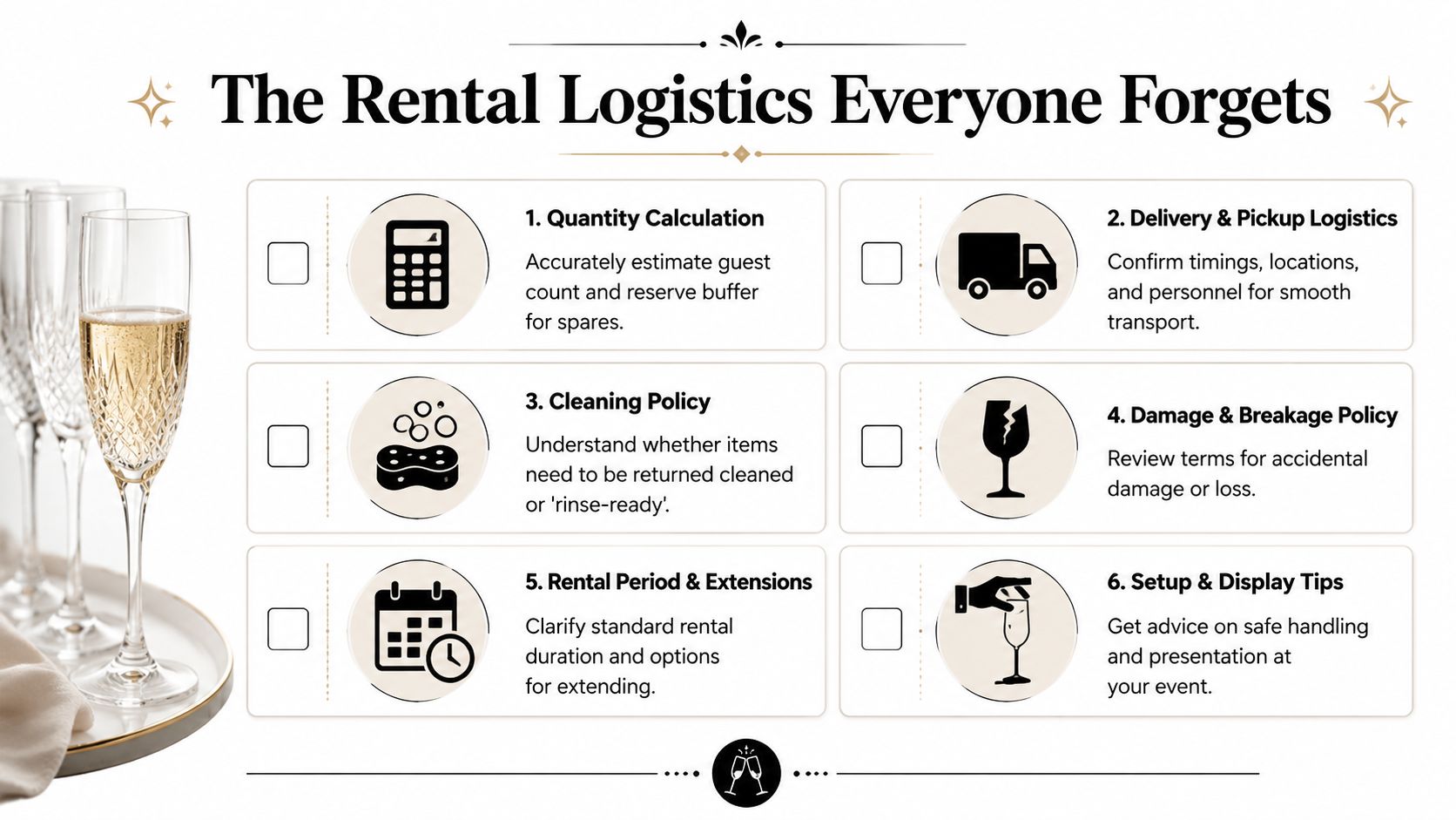 A checklist infographic titled The Rental Logistics Everyone Forgets displaying six essential event planning rental considerations.