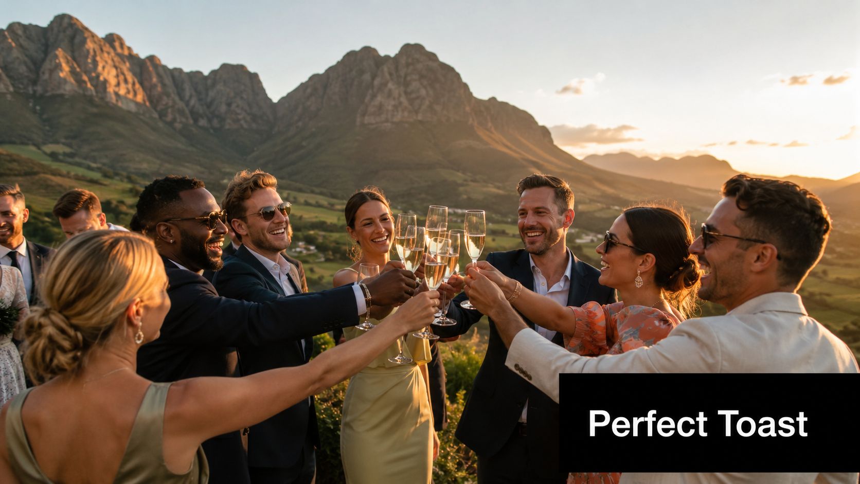 A diverse group of friends celebrating with a toast holding crystal champagne glasses outdoors at sunset.