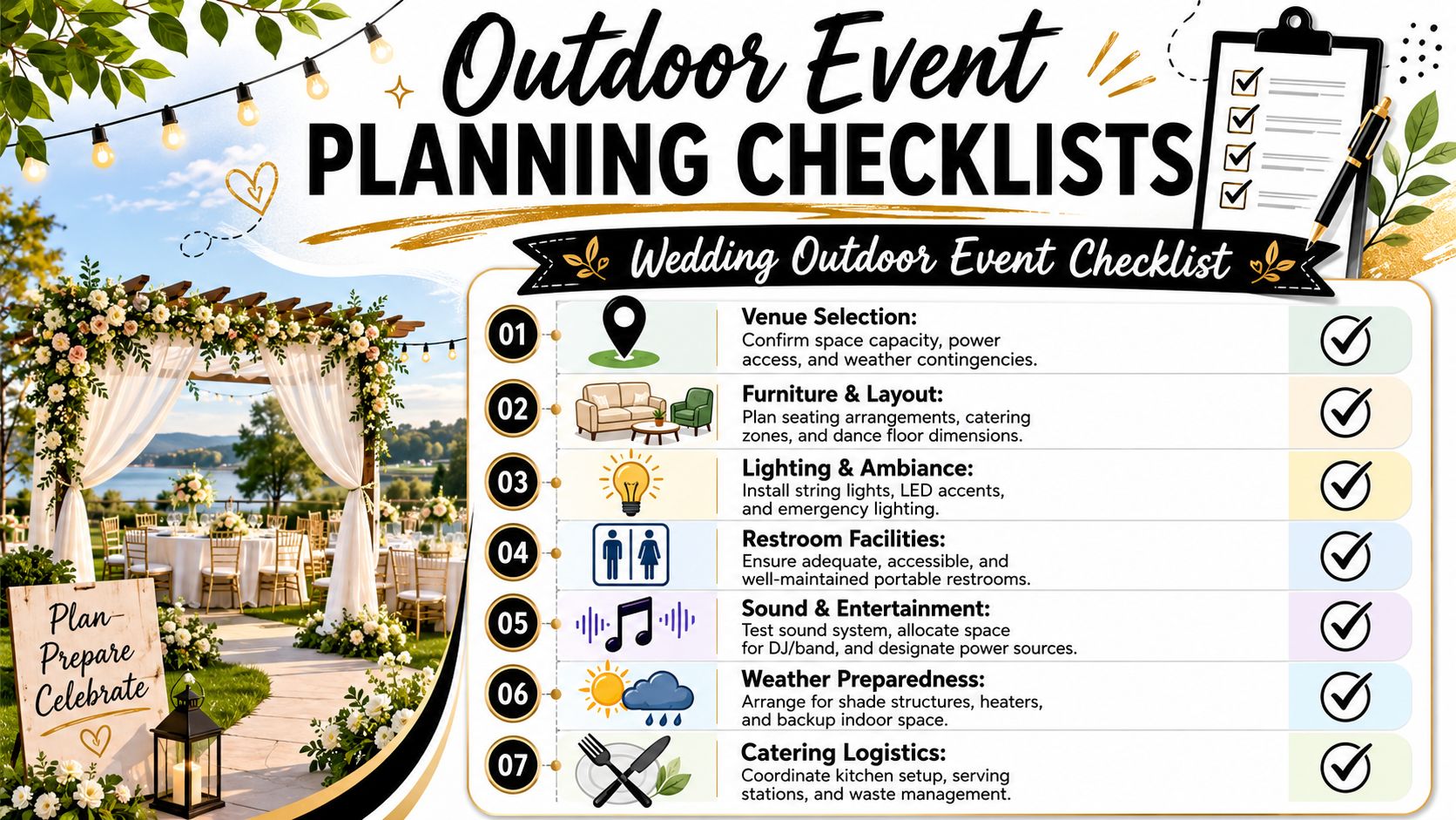 A wedding outdoor event planning checklist with seven essential steps for a successful ceremony and reception.