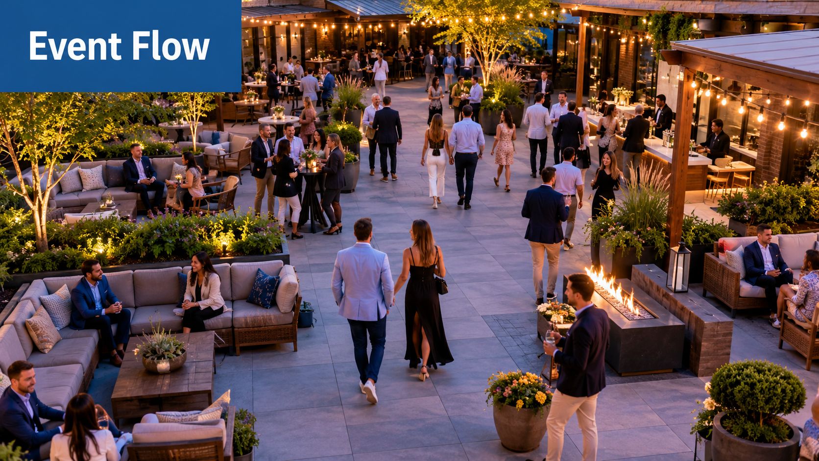 A social outdoor evening event on a patio with guests mingling, fire pits, and comfortable lounge seating.