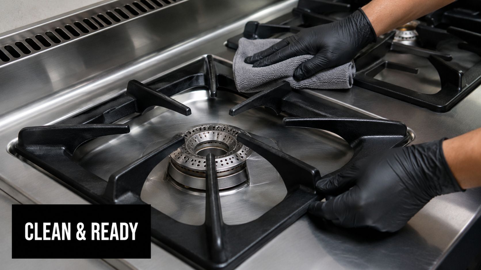 A professional cleaner wearing black gloves wipes a stainless steel gas stove top with a grey cloth.