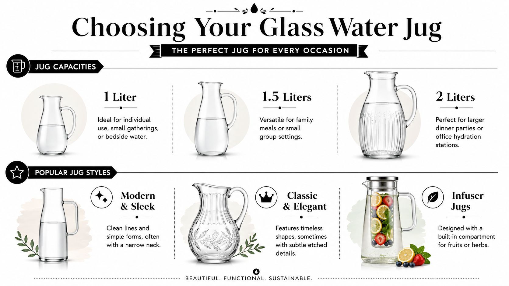 An infographic displaying different glass water jug capacities and popular styles for various occasions and home decor.