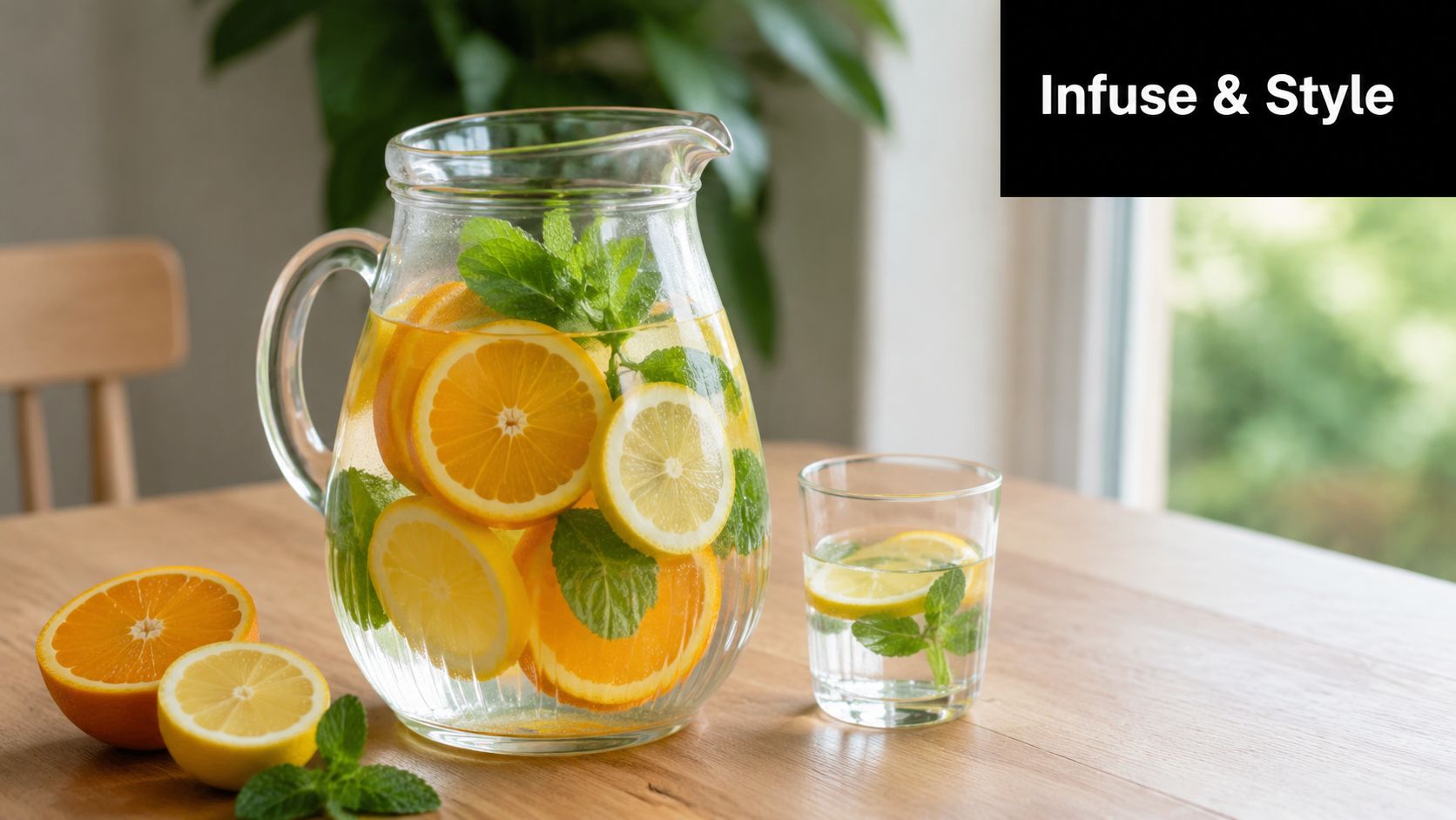 A glass pitcher and a glass of water infused with fresh orange slices, lemon, and green mint.