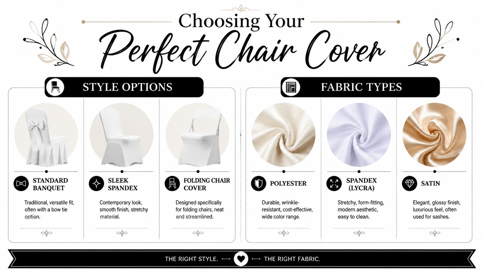 A guide illustrating different styles and fabric types for event chair covers to help you choose.