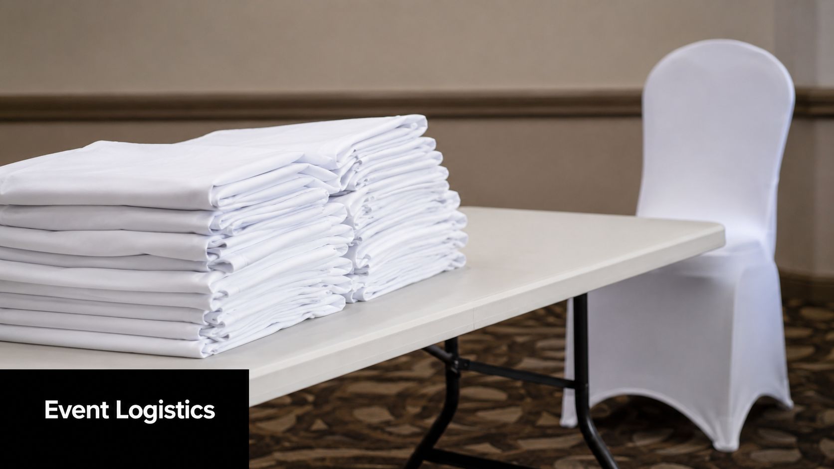 A stack of folded white tablecloths sitting on a plastic folding table next to a covered chair.