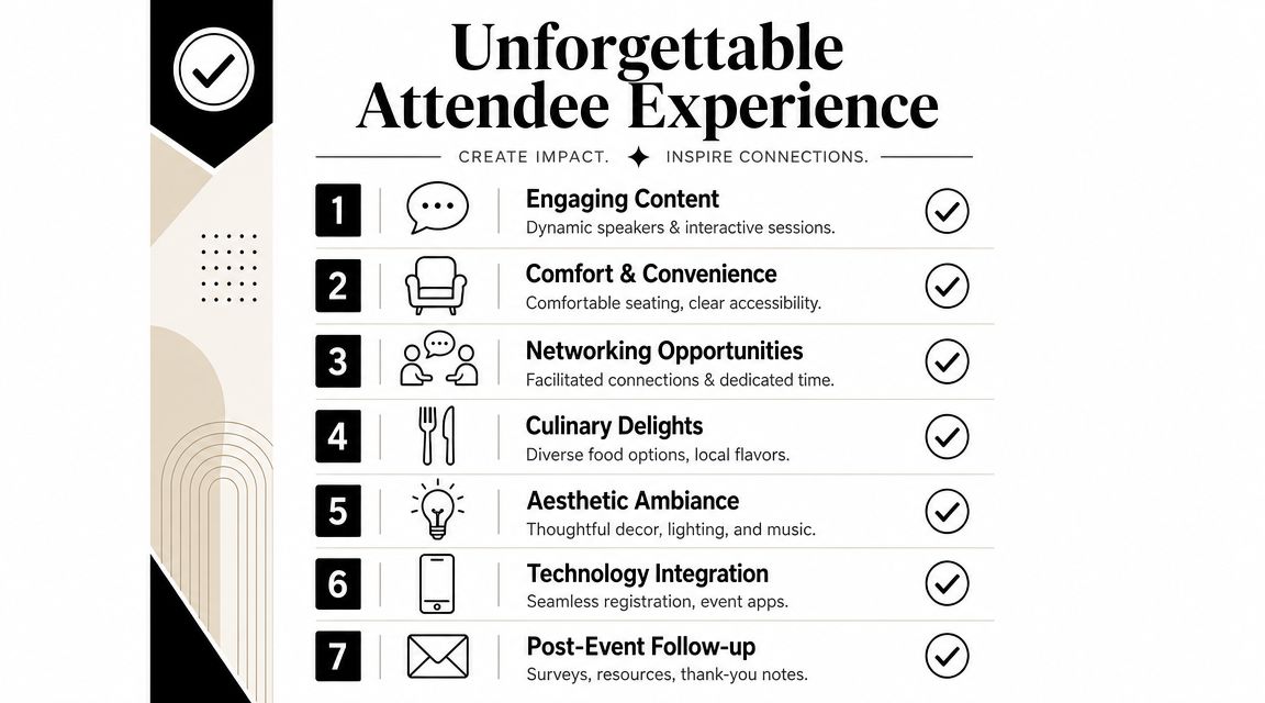 A list of seven essential elements for creating an unforgettable attendee experience at corporate events.