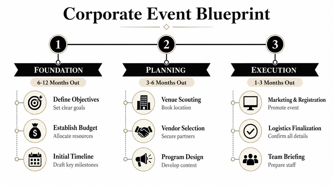 A corporate event blueprint infographic outlining three phases: foundation, planning, and execution for business event management.