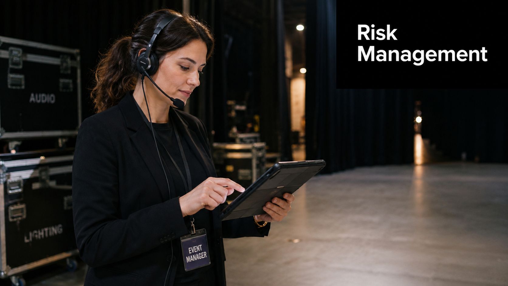 A professional female event manager wearing a headset works on a tablet in a large dark event hall.