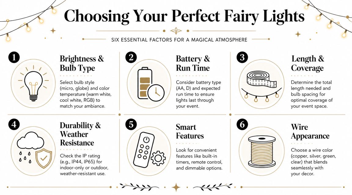 A guide infographic detailing six essential factors to consider when choosing battery operated LED fairy lights.