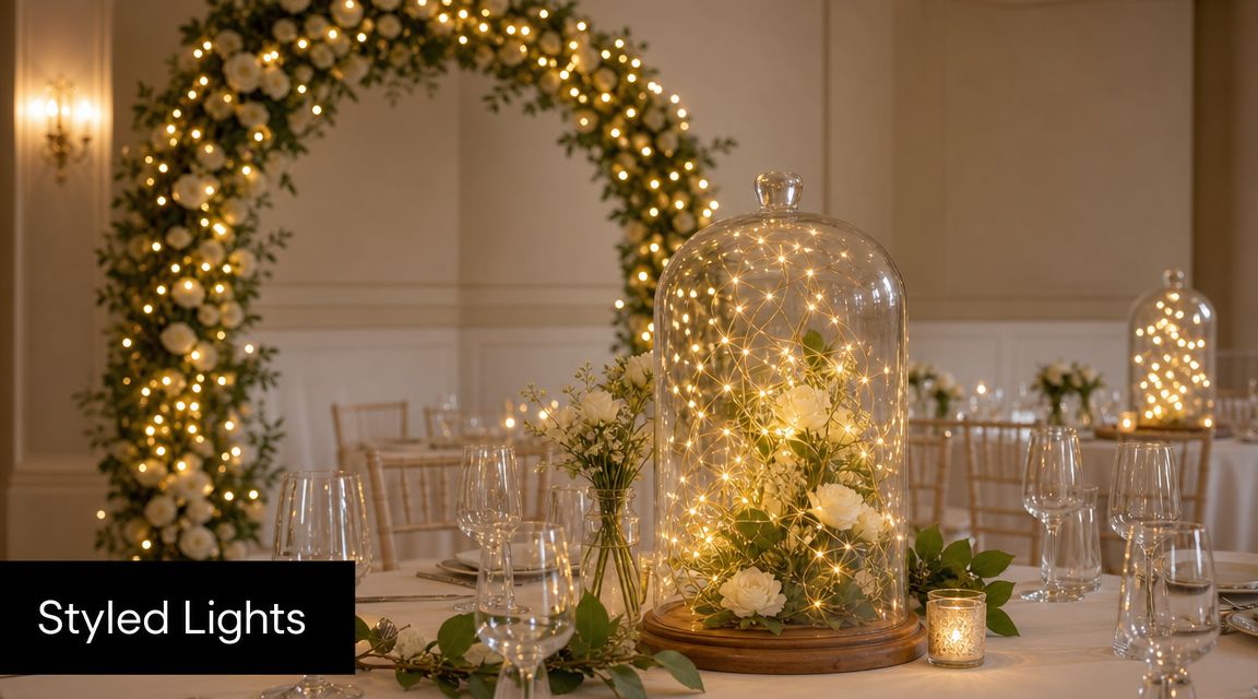 Elegant wedding table centerpiece featuring white roses and LED fairy lights inside a clear glass dome cloche.