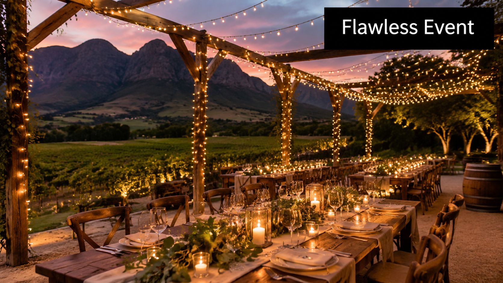 An outdoor evening wedding reception table setting illuminated by warm led fairy lights under a mountain backdrop.