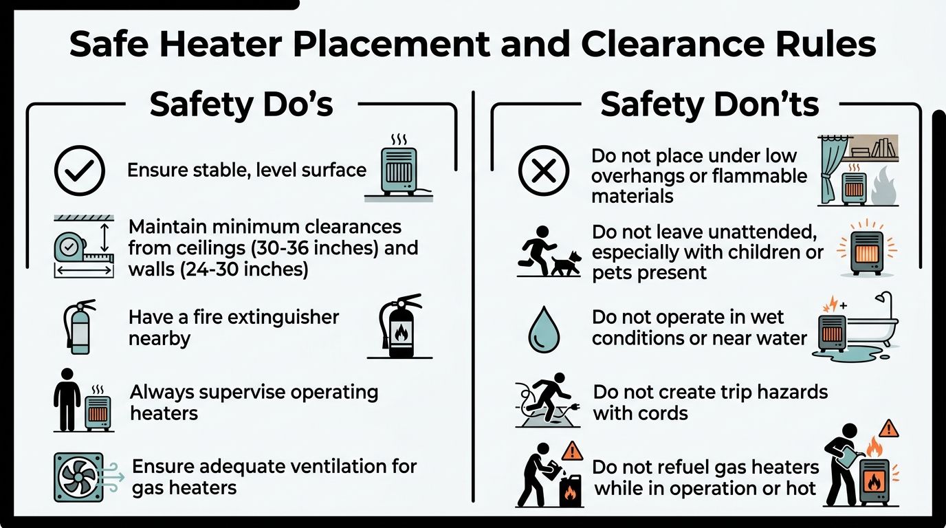 An infographic illustrating essential safety guidelines for the proper placement and operation of space heaters.